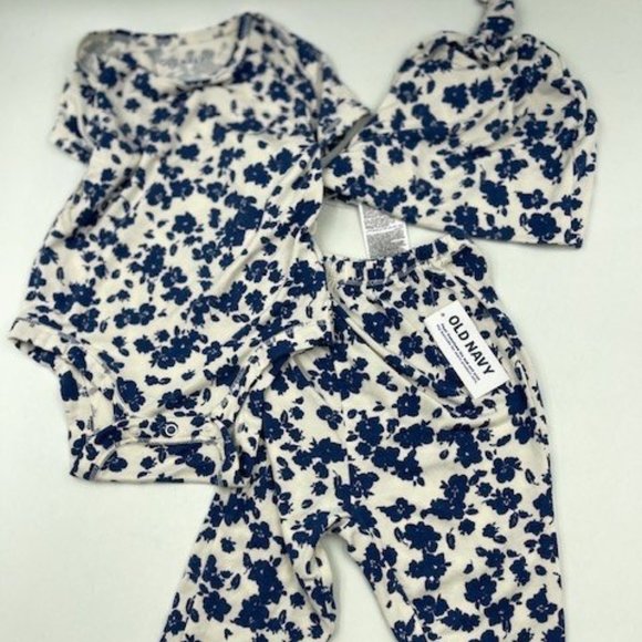 Old Navy Baby Girl 3-6 mos Blue Floral Bodysuit Pants Beanie Hat 3-pc Outfit NEW - Picture 1 of 7
